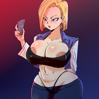 dragon ball, android 18, rickert kai, 1girls, blonde, blonde female, blonde hair, blonde hair female, blue eyes, cameltoe, cleavage, curvy, erect nipples, female, huge areolae