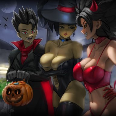 dragon ball, dragon ball super, halloween, cabba, caulifla, kale, elitenappa, 1boy, 2girls, big breasts, breasts, busty, cleavage, clothing, costume