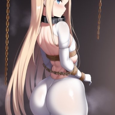 fate/grand order, fate (series), nai diffusion, stable diffusion, 1girls, ass, ass focus, blonde hair, bodysuit, from behind, huge ass, long hair, shiny, shiny clothes, skin tight