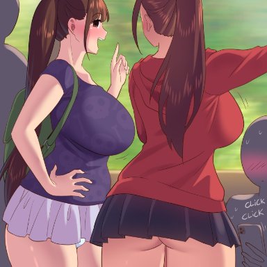 kamiya midori, mizuki nanami, zheng, 1boy, 1futa, 1girls, accidental exposure, ahoge, ass, back, back view, blush, bottomless, breasts, brown hair