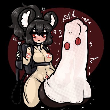 ghostbusters, halloween, limebreaker, 1futa, animal ear fluff, animal genitalia, balls, bear ears, bear girl, big breasts, black hair, blush, breasts, clothed, clothing