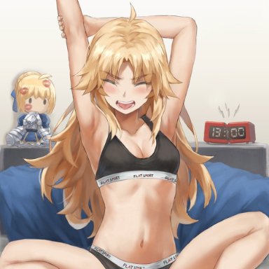 fate/apocrypha, fate/grand order, fate/stay night, fate (series), artoria pendragon, mordred (fate), mordred (fate/apocrypha), saber, tonee, 1girls, ahoge, alarm clock, alternate hairstyle, armpits, arms up