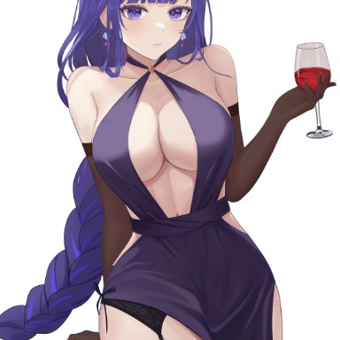 genshin impact, raiden shogun, 1girls, bare shoulders, braided hair, breasts, busty, cocktail dress, dress, drink, earrings, female, female only, garter straps, gloves