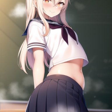 fate/grand order, fate/kaleid liner prisma illya, fate (series), illyasviel von einzbern, nai diffusion, stable diffusion, 1girls, ass, blonde hair, bottom heavy, breasts, classroom, female, hips, indoors