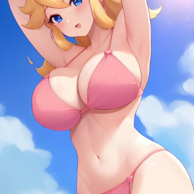 mario (series), nintendo, princess peach, nai diffusion, stable diffusion, 1girls, arm behind head, arm up, armpits, big breasts, bikini, blonde hair, blue eyes, busty, female