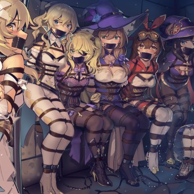 genshin impact, amber (genshin impact), barbara (genshin impact), fischl (genshin impact), jean gunnhildr, lisa (genshin impact), lumine (genshin impact), mona (genshin impact), kaddo, 6+girls, 7girls, arms behind back, blonde hair, blush, bondage