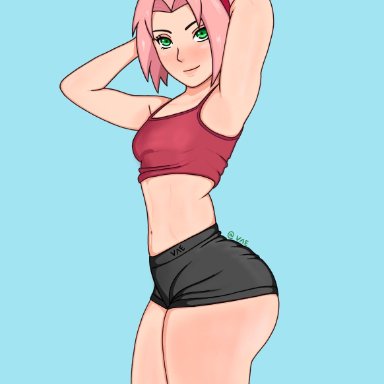 naruto, naruto (series), naruto shippuden, sakura haruno, cmiv07, 1girls, adapted costume, armpits, arms behind head, arms up, big ass, bloomers, bottom heavy, bubble ass, bubble butt