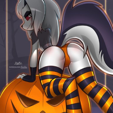 halloween, helluva boss, loona (helluva boss), jizoku, anthro, canid demon, canine, collar, demon, furry, hellhound, looking back, mammal, panties, pumpkin