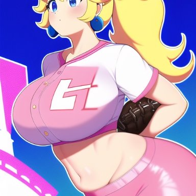 mario (series), princess peach, nai diffusion, stable diffusion, baseball glove, baseball uniform, blonde hair, blue background, blue eyes, boobs, breasts, clothed, clothed female, earings, light-skinned female