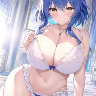 genshin impact, ganyu (genshin impact), nai diffusion, stable diffusion, 1girls, alternate eye color, blue hair, blush, bra, breasts, clever, female, gold eyes, hips, horns