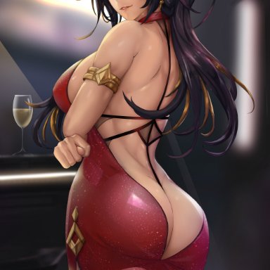 genshin impact, dehya (genshin impact), riarfian, ass, black hair, blue eyes, cocktail dress, dress, looking back, red dress