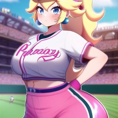 mario (series), nintendo, princess peach, nai diffusion, stable diffusion, 1girls, baseball, baseball cap, baseball uniform, blonde hair, clothing, female, female only, looking at viewer, outdoors