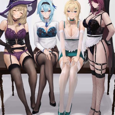 genshin impact, eula (genshin impact), jean gunnhildr, lisa (genshin impact), rosaria (genshin impact), chela77, 4girls, alternate costume, apron, arms behind back, bangs, bare shoulders, black corset, black footwear, black gloves