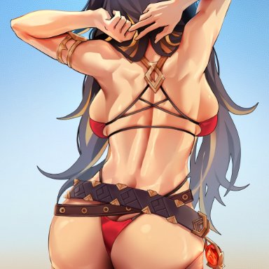 genshin impact, dehya (genshin impact), foxyreine, 1girls, arms behind head, arms up, ass, back, back view, backboob, bare shoulders, belt, bikini, black hair, breasts