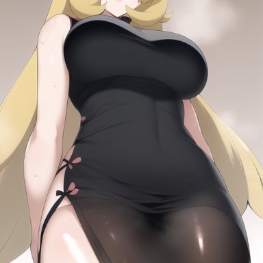 game freak, nintendo, pokemon, pokemon dppt, cynthia (pokemon), nai diffusion, stable diffusion, 1girls, blonde hair, breasts, china dress, clothed, clothed female, female, hair over one eye