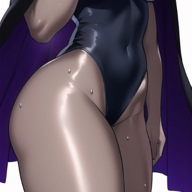 dc comics, teen titans, raven, raven (dc), nai diffusion, stable diffusion, 1girl, cape, female, grey skin, leotard, medium breasts, shiny skin, solo, thick thighs