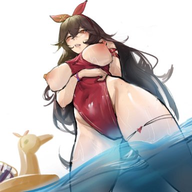 genshin impact, amber (genshin impact), hvvt, yi zhi ai xi, areolae, big breasts, big thighs, breasts, busty, erect nipples, huge breasts, huge thighs, large breasts, large thighs, long hair