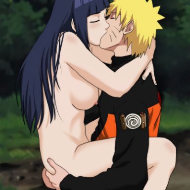 naruto, naruto shippuden, hyuuga hinata, uzumaki naruto, arms around neck, barely clothed, big breasts, blue hair, blush, canon couple, couple, forest, kissing, lotus position, naruhina