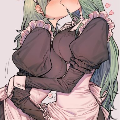 fire emblem, fire emblem: three houses, nintendo, byleth (fire emblem), byleth (fire emblem) (female), enlightened byleth (female), rhea (fire emblem), ikarin, 2girls, alternate costume, apron, black dress, blush, breasts, closed eyes