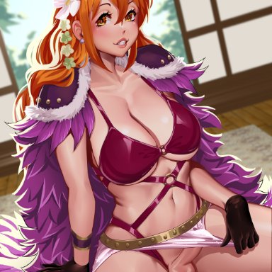 one piece, beast pirates (cosplay), nami, draltruist, 1futa, balls, ballsack, beast pirates, belt, big breasts, big penis, bottomless, cleavage, clothed, clothing