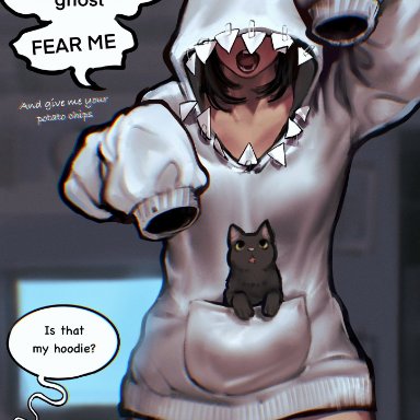 original, original character, ayaki777, 1girls, breasts, cat, female, fully clothed, ghost, ghost girl, hoodie, open mouth, potato chips, sharp teeth, thick thighs