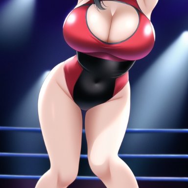 my hero academia, momo yaoyorozu, nai diffusion, stable diffusion, arms up, black hair, blue eyes, cleavage, huge breasts, leotard, shoes, smile, thighs, wrestling, wrestling ring
