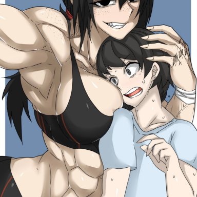 original, takano togainu (zokusuke), zokusuke, 1boy, 1boy1girl, 1girls, abs, armpits, big breasts, big dom small sub, black eyes, black hair, blue background, blush, breasts