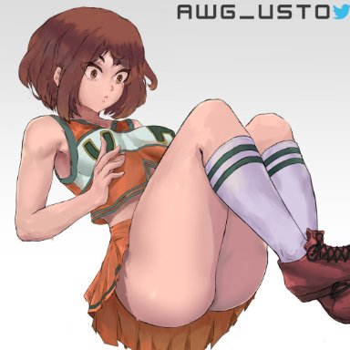 my hero academia, ochako uraraka, awg usto, ass, brown hair, cheerleader, knee socks, kneehighs, kneesocks, socks, thick thighs, white socks