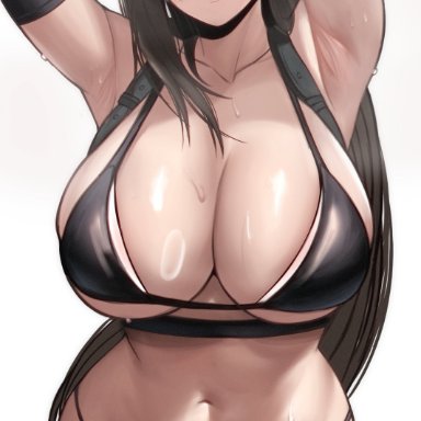 final fantasy, final fantasy vii, final fantasy vii remake, tifa lockhart, edmun, 1girls, armpits, arms up, bikini, black bikini, black hair, blush, breasts, embarrassed, female