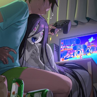 fall guys, the ring, yamamura sadako, nia (nia4294), 1boy, 1girls, bare shoulders, beer can, big ass, black hair, black nails, blue tongue, blush, breasts, chair