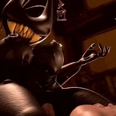 bendy and the ink machine, bendy, the beast (cryptiacurves), rabbdo, 1girl1boy, 5 fingers, abs, big breasts, big mouth, big teeth, big thighs, black body, black skin, breasts, busty
