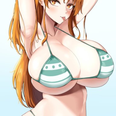 one piece, nami, 1girls, armpits, arms behind head, big breasts, bikini, busty, cleavage, female, female only, large breasts, legs, looking at viewer, navel