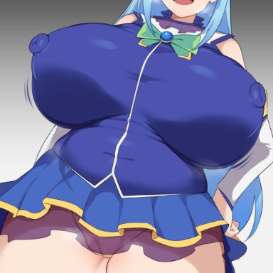 aqua (konosuba), cham22, 1girls, blue eyes, blue hair, blue topwear, breasts, erect nipples, female, hand on hip, hips, huge breasts, long hair, massive breasts, nipples