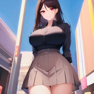 original, nai diffusion, stable diffusion, 1girls, belt, big breasts, brown hair, child bearing hips, dress, dress shirt, looking down, red eyes, thick thighs, tight fit, under dress