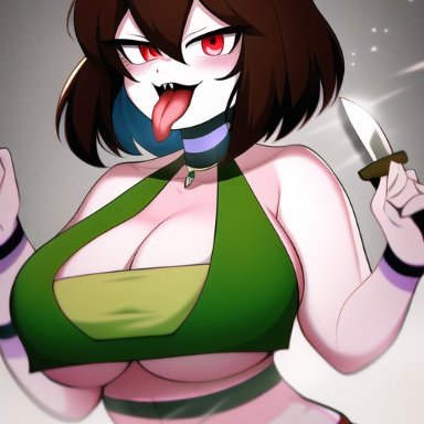 undertale, undertale (series), chara, chara (undertale), nai diffusion, stable diffusion, 1girls, 5 fingers, adult, aged up, bangs, belly, belly button, big breasts, black pupils