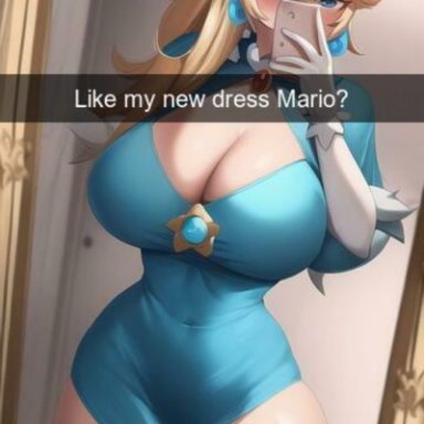 mario (series), snapchat, princess rosalina, nai diffusion, stable diffusion, 1girls, big breasts, blonde hair, breasts, cellphone, cleavage, dress, female only, large breasts, long hair