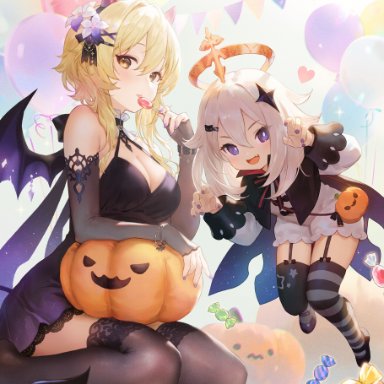 genshin impact, halloween, lumine (genshin impact), paimon (genshin impact), adelie cat, horns, pumpkin, stockings, wings