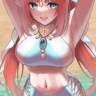 genshin impact, nilou (genshin impact), 1girls, aqua eyes, armpits, arms up, belly, bikini, breasts, curvaceous, curvy, female, female only, hear (kpmf4732), large breasts