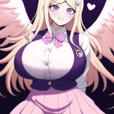 danganronpa, danganronpa v3, new danganronpa v3, akamatsu kaede, nai diffusion, stable diffusion, 1 female, ahoge, alternate breast size, arms behind back, blonde hair, hearts, huge breasts, long hair, pink bowtie