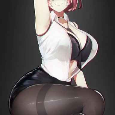 hololive, holox, takane lui, varniskarnis, abs, armpits, big breasts, black lingerie, breasts, female, female focus, female only, glasses, necklace, red hair