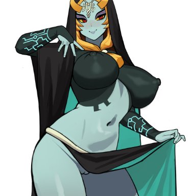 nintendo, the legend of zelda, twilight princess, midna, twili midna, donburikazoku, 1girls, areolae, blush, breasts, female, hips, huge breasts, long hair, naughty face