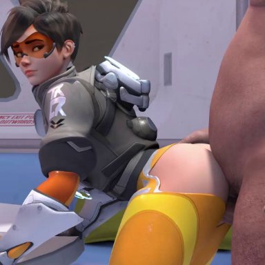 overwatch, overwatch 2, tracer, jeffhell, 1boy, 1girl, 1girl1boy, 1girls, ambiguous penetration, ass focus, ass up, british, british female, brown eyes, brown hair