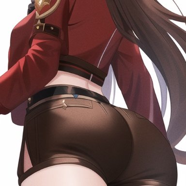 genshin impact, amber (genshin impact), nai diffusion, stable diffusion, ass, ass focus, breasts, brown hair, denim, denim shorts, female, from behind, gloves, head out of frame, huge ass