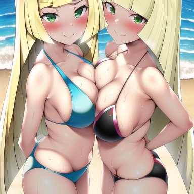 game freak, nintendo, pokemon, pokemon sm, lillie (pokemon), lusamine (pokemon), nai diffusion, stable diffusion, 2girls, alternate breast size, beach, bikini, blonde hair, blush, breast to breast