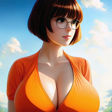 scooby-doo, scooby-doo (series), velma dinkley, nai diffusion, stable diffusion, 1girls, alternate breast size, big breasts, bulging breasts, looking at viewer, upper body, ai generated, realistic