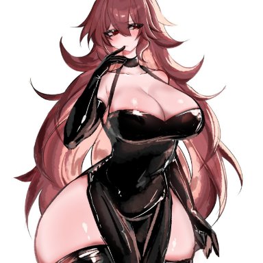 friday night funkin, girlfriend (friday night funkin), usa37107692, ahoge, big breasts, elbow gloves, large breasts, long hair, red eyes, simple background, thick thighs, thighhighs, white background, wide hips