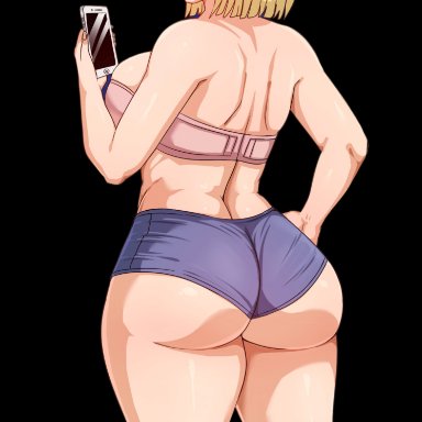 dragon ball, android 18, pinkpawg, 1girls, big ass, big breasts, blonde hair, blue eyes, caucasian, married woman, milf, plump, short shorts, thick ass, thick thighs