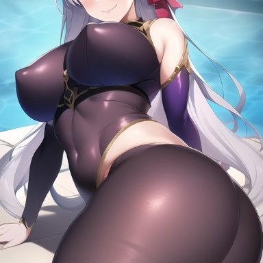 fate/grand order, fate (series), kama (fate/grand order), nai diffusion, stable diffusion, 1girls, ass, bodysuit, breasts, female, female only, from behind, hair ribbon, huge ass, large breasts