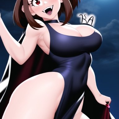 halloween, my hero academia, ochako uraraka, krystalizedart, nai diffusion, stable diffusion, big ass, big breasts, big butt, brown hair, cape, demon, demon girl, evil grin, fangs