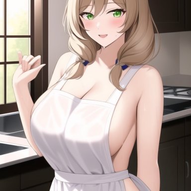 genshin impact, lisa (genshin impact), nai diffusion, stable diffusion, 1girls, alternate hairstyle, apron, apron only, breasts, brown hair, cleavage, female, green eyes, hips, huge breasts